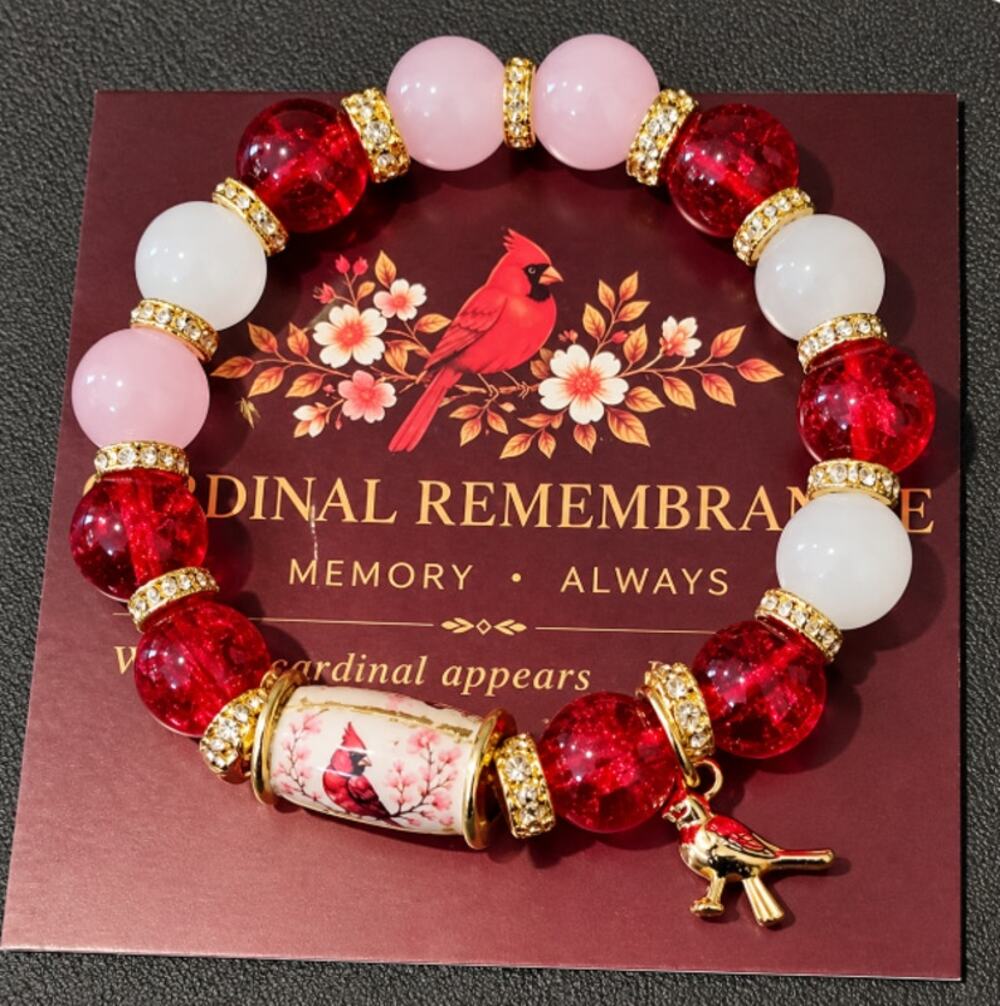 Cardinal Remembrance Bracelet Red, White & Pink Beaded with Cardinal Charm